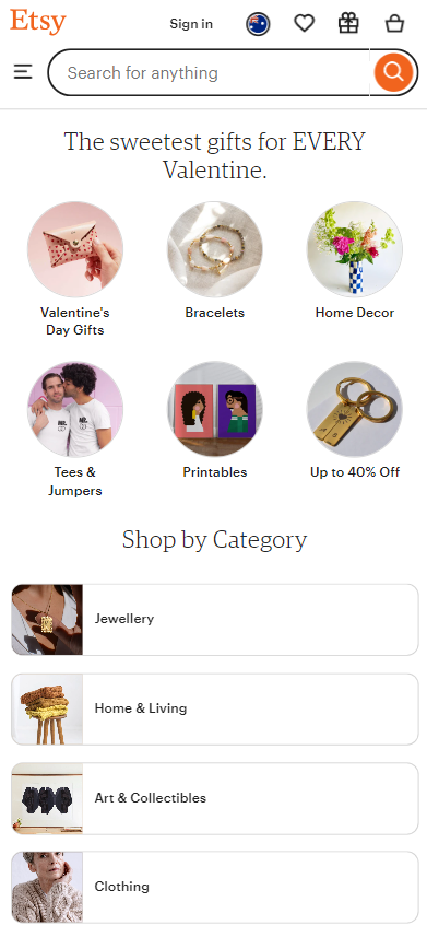 mobile web version of Etsy Australia as an example for mobile responsiveness